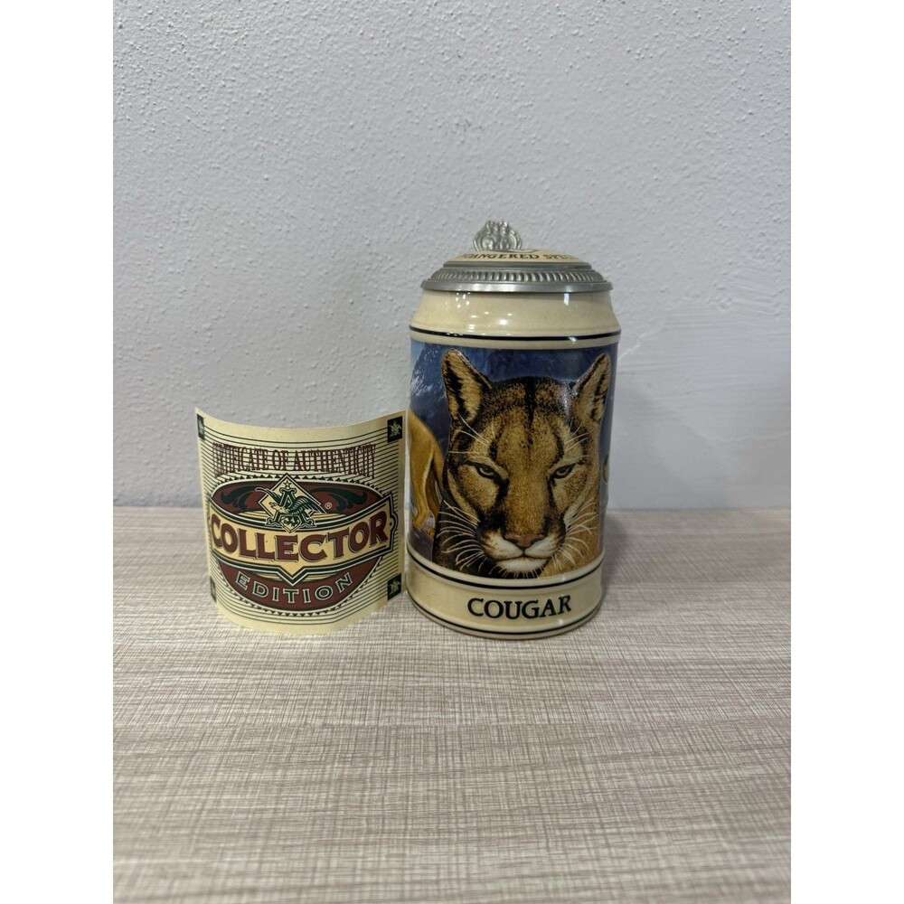Vintage 1994 Budweiser Endangered Species Cougar Beer Stein Lidded COA Ceramarte